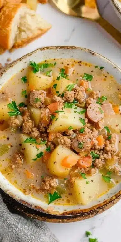 Bowl of Italian Sausage and Potato Soup garnished with herbs