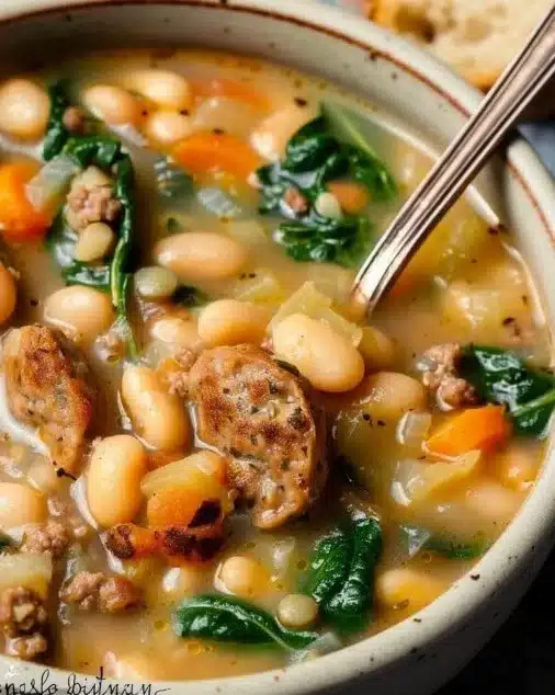 Bowl of Italian Sausage White Bean Soup with fresh herbs and vegetables.