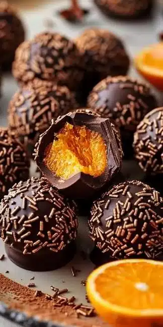 Juicy orange chocolate Christmas truffles on a festive table