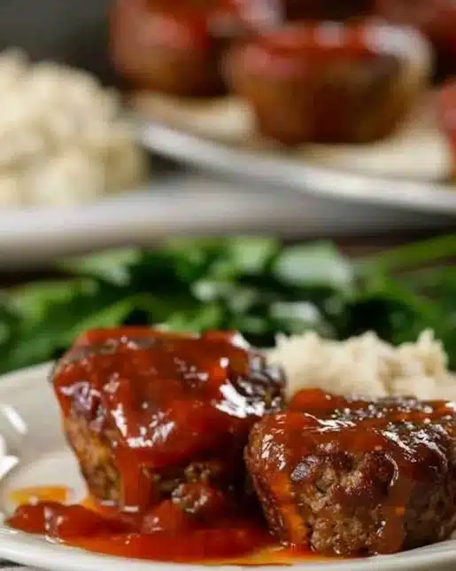 Kid-friendly meatloaf muffins with a sweet ketchup glaze on a plate.