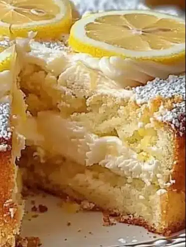 Lemon Bliss Cake topped with fresh lemon slices and icing