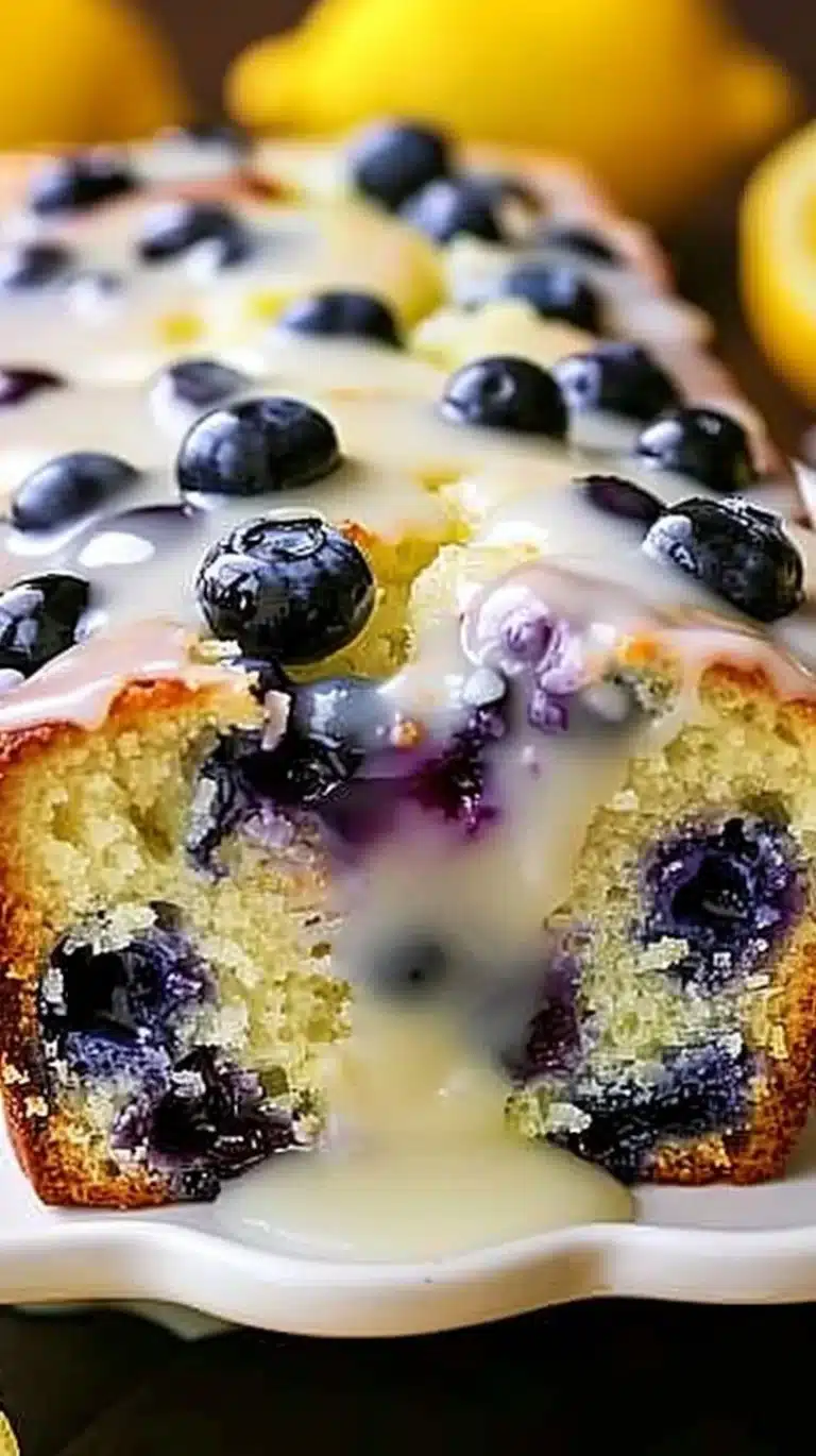 Moist lemon blueberry loaf with a golden crust and juicy blueberries