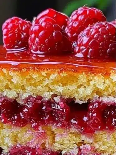 Lemon Curd Cake with Raspberry Drizzle on a decorative plate.