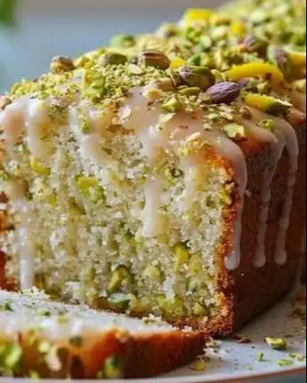 Moist lemon pistachio loaf with bright lemon glaze and chopped pistachios on top.