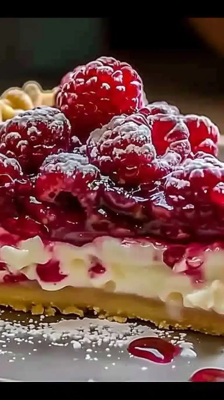 Lemon Raspberry Layered Pie with fresh lemon and raspberry toppings