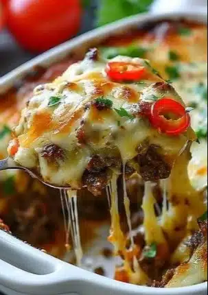 Low Carb Philly Cheesesteak Casserole with melted cheese and peppers