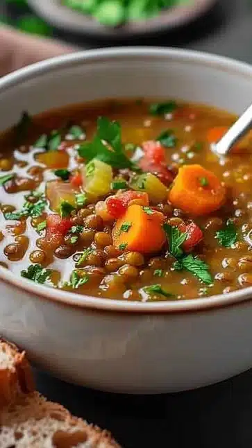 Bowl of Mediterranean Lentil Soup with fresh vegetables and herbs.