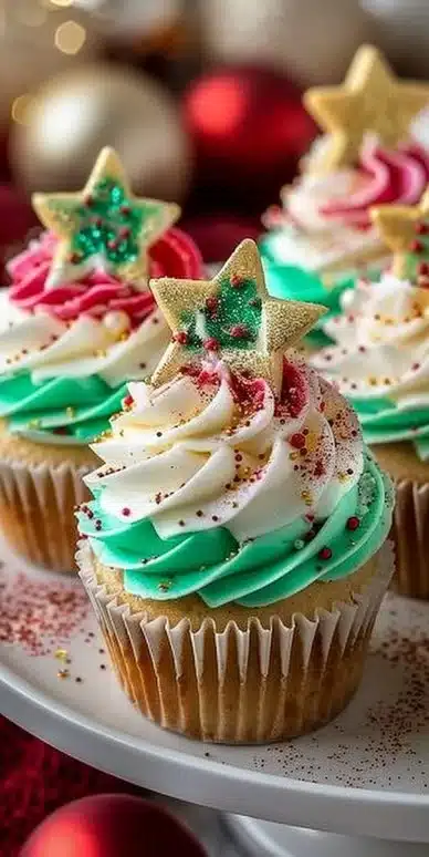 Colorful Rainbow Christmas Cupcakes topped with festive decorations