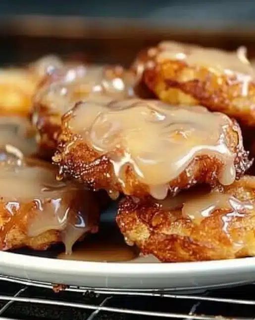 Plate of mini cinnamon-apple fritters topped with vanilla glaze
