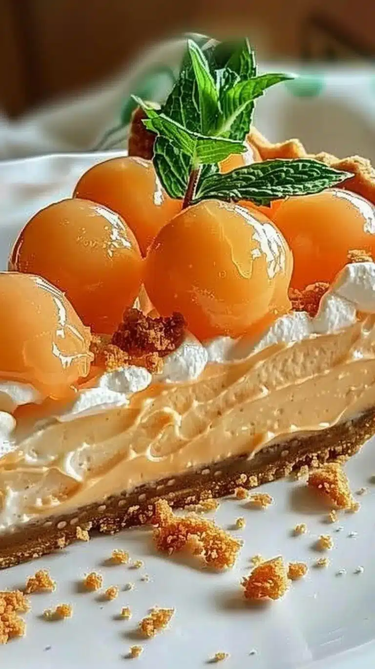 Delicious no-bake cantaloupe cream pie served on a plate with fresh cantaloupe slices.