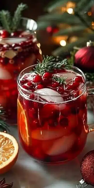 Delicious non-alcoholic Christmas punch garnished with fresh fruits and spices.