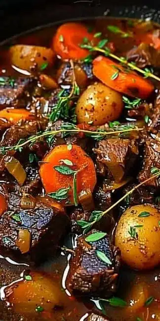 Delicious one pot autumn beef stew with vegetables and herbs