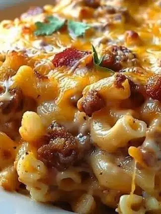 One Pot Chili Mac and Cheese in a skillet with melted cheese and chili toppings.