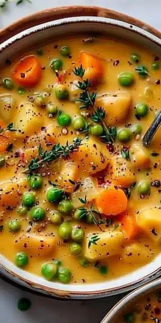 A bowl of creamy vegetable soup with colorful veggies and herbs