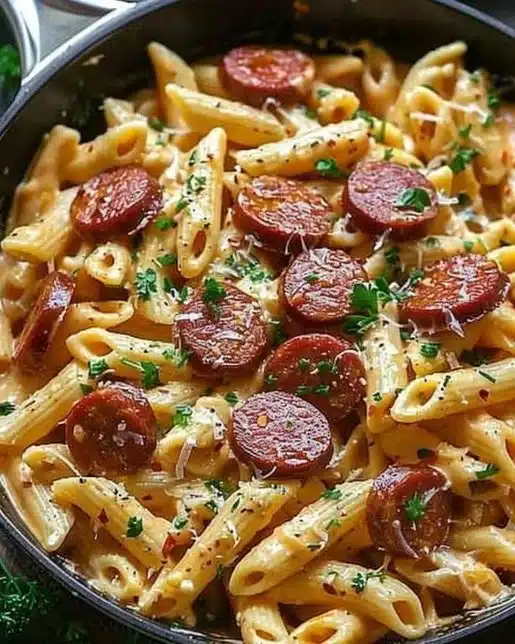 Delicious One Pot Kielbasa Pasta served in a bowl with fresh herbs.