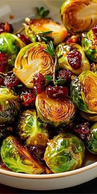 Delicious Orange Maple Glazed Brussels Sprouts garnished with cranberries.