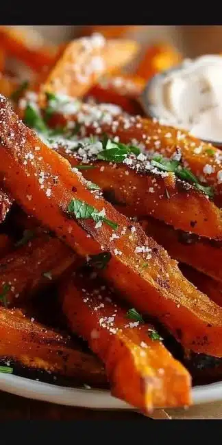 Oven baked sweet potato fries served on a plate with dipping sauce