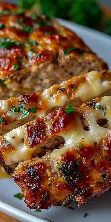 Deliciously golden-brown Parmesan Chicken Meatloaf served on a plate