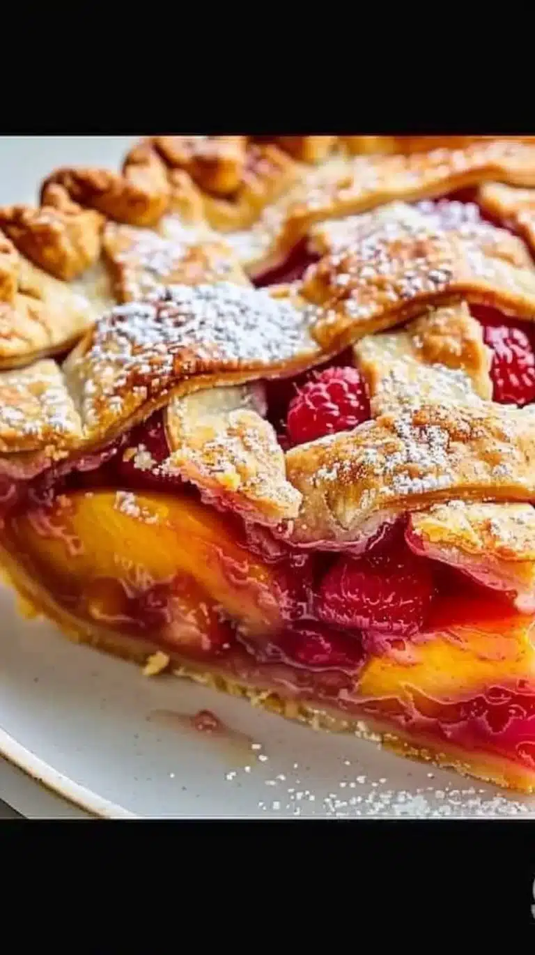 Delicious Peach Raspberry Pie with juicy fruit filling and flaky crust