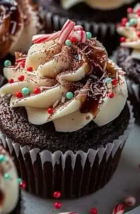Delicious peppermint mocha cupcakes topped with chocolate and peppermint frosting