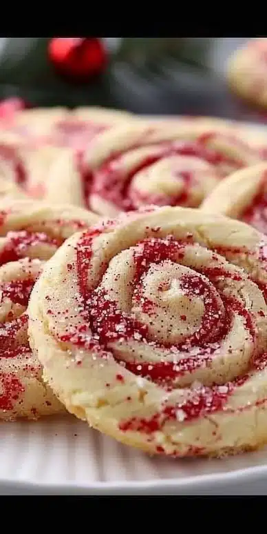 Plate of freshly baked peppermint swirl cookies with festive decorations.