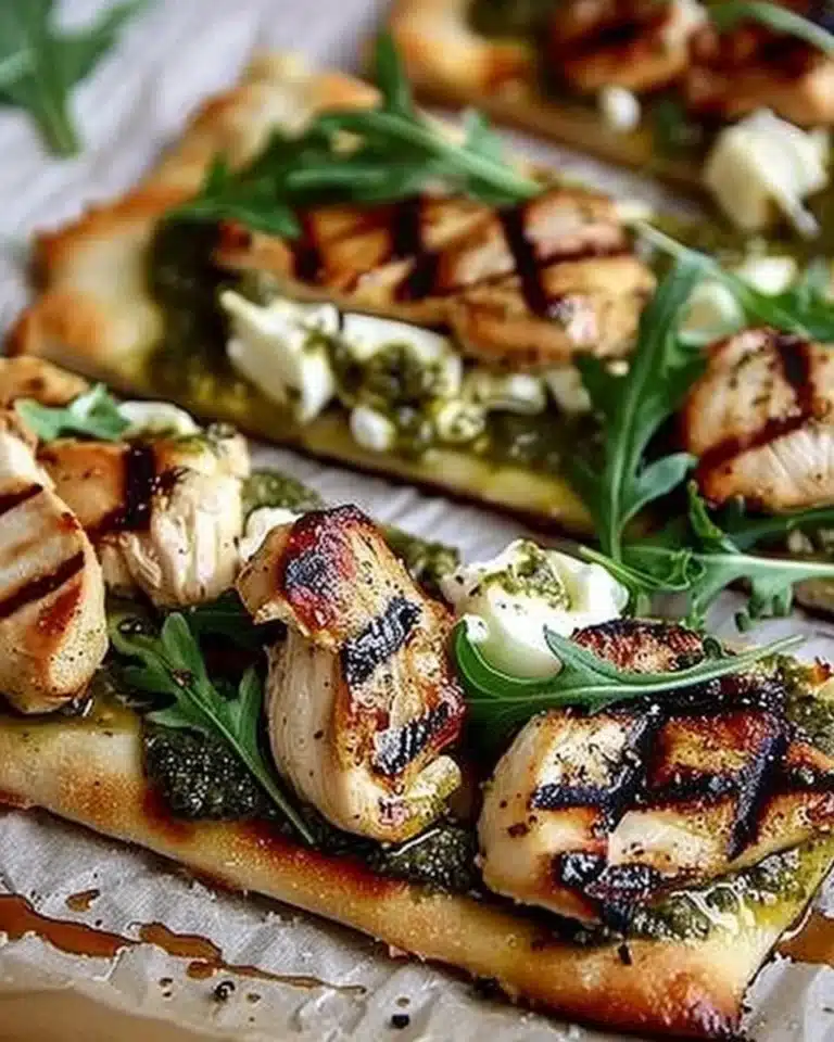 Pesto chicken flatbread topped with fresh ingredients and pesto sauce