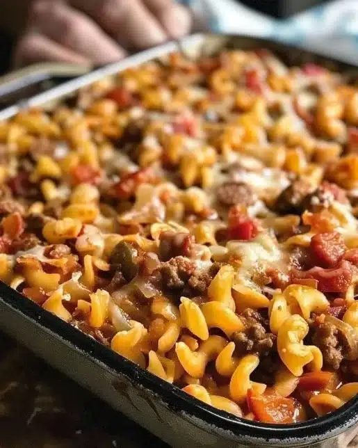 Delicious Poor Man Husband Casserole served in a baking dish.
