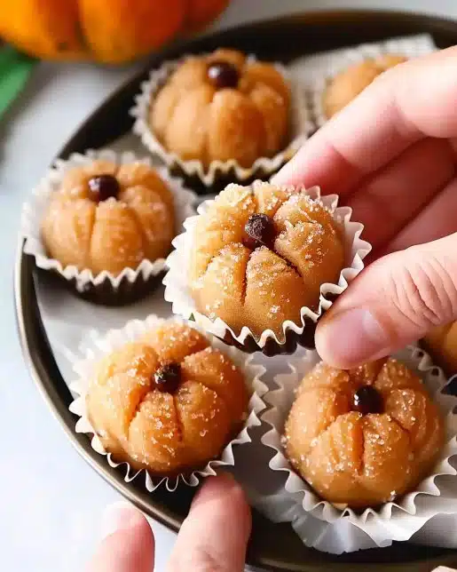 Delicious homemade Pumpkin Brigadeiros rolled in sprinkles on a rustic table.