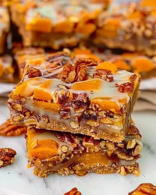 Delicious Pumpkin Magic Bars topped with creamy frosting and spices.