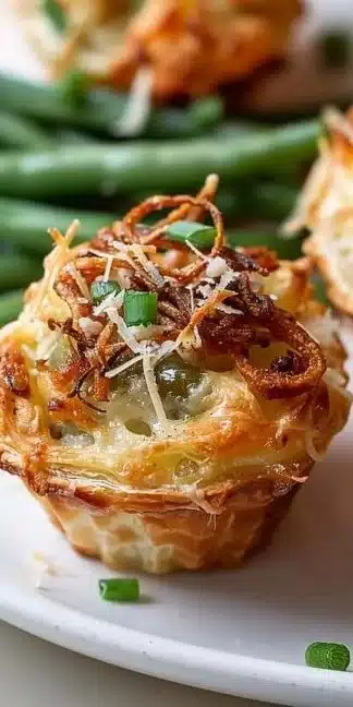 Garlic parmesan green bean casserole cups topped with cheese and herbs