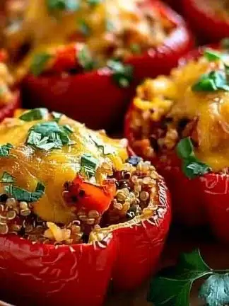Colorful quinoa stuffed peppers filled with fresh vegetables and herbs.