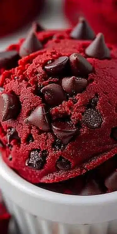 Delicious red velvet cookie dough ready to be baked or eaten raw.