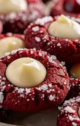 Delicious Red Velvet Cream Cheese Thumbprint Cookies on a decorative plate.