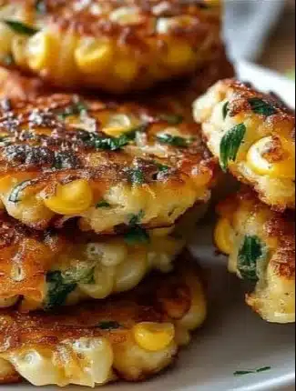 Crispy ricotta corn fritters served with dipping sauce on a plate.