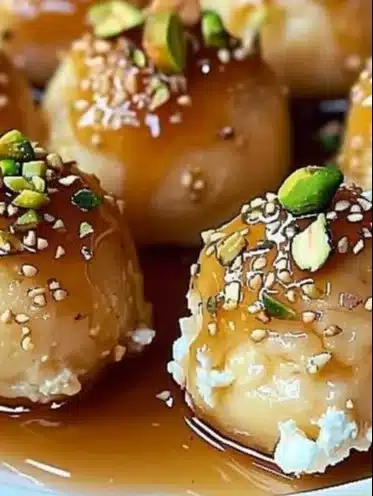 Delicious Ricotta Pistachio Honey served on a plate with nuts and honey drizzle