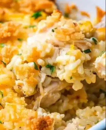 Ritz Chicken and Rice Casserole in a ceramic dish, garnished with herbs.