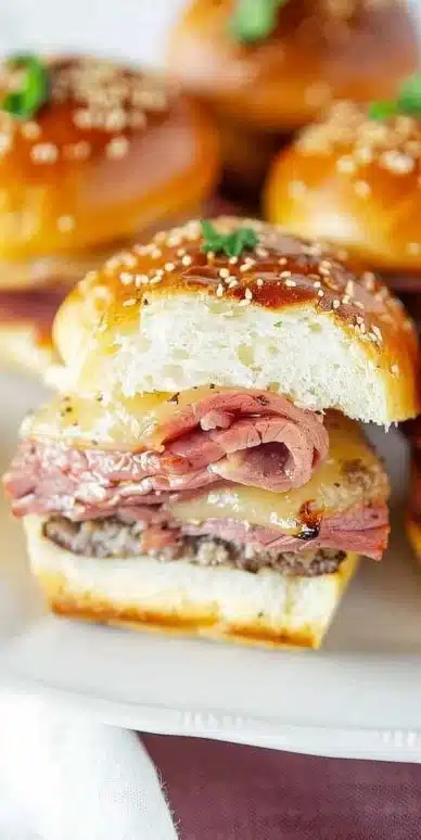 Delicious roast beef sliders served on a wooden platter with fresh herbs.