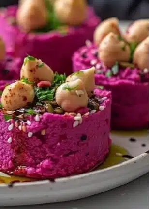 Roasted beet hummus cups served in vibrant red dishes, healthy snack option
