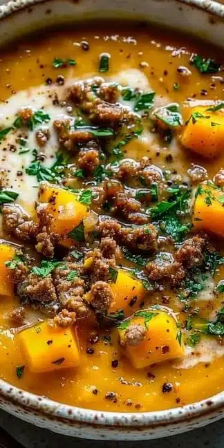 Warm and creamy roasted butternut squash soup in a bowl with herbs on top