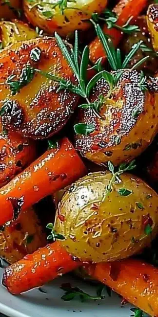 Bowl of roasted potatoes with carrots and herbs, a delicious side dish.