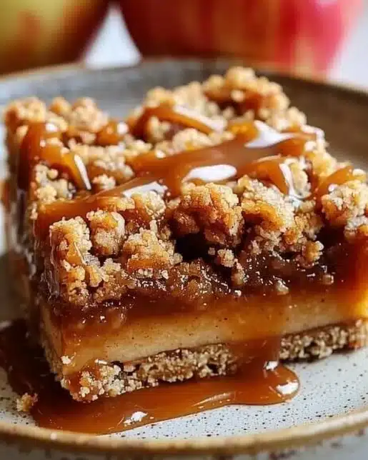 Delicious salted caramel apple crumble bars topped with a golden crust.