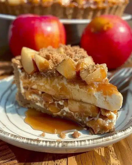 Slice of salted caramel apple pie cheesecake with apple slices and caramel drizzle