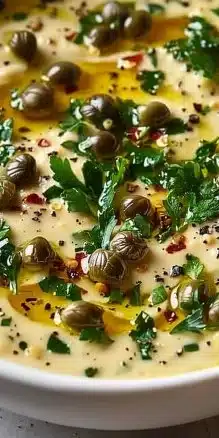 A bowl of simple lemon caper sauce with fresh lemon slices and capers