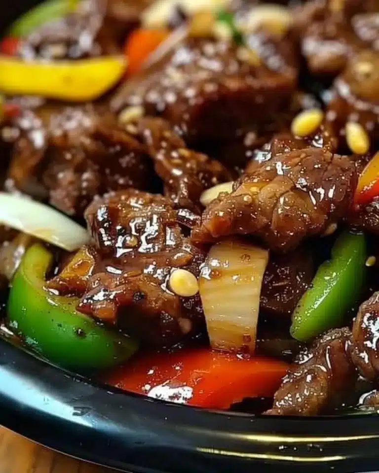 Sizzling Chinese pepper steak with onions served in a vibrant dish