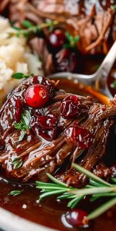 Slow braised beef roast with cranberry balsamic glaze served with vegetables.