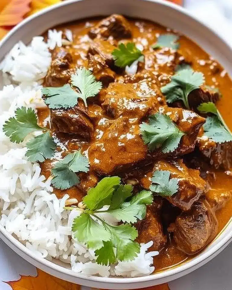 Delicious slow cooker beef coconut curry served in a bowl