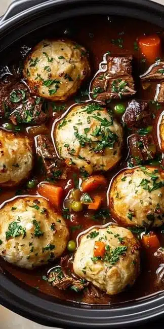 Slow Cooker Beef Stew with fluffy dumplings in a rustic bowl.
