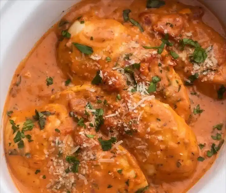 Slow cooker creamy tomato basil chicken breast served on a plate with fresh basil.