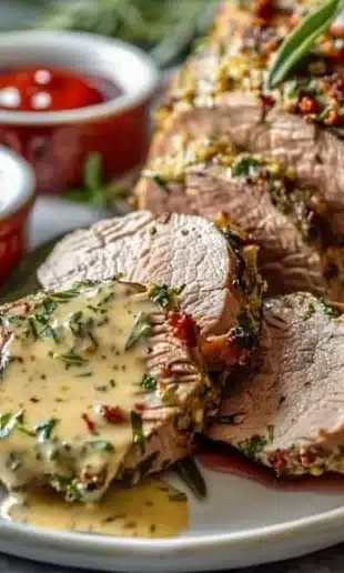 Slow cooker herb crusted beef tenderloin with creamy Dijon sauce plated elegantly.