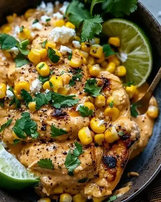 Delicious Slow Cooker Street Corn Chicken served with fresh toppings